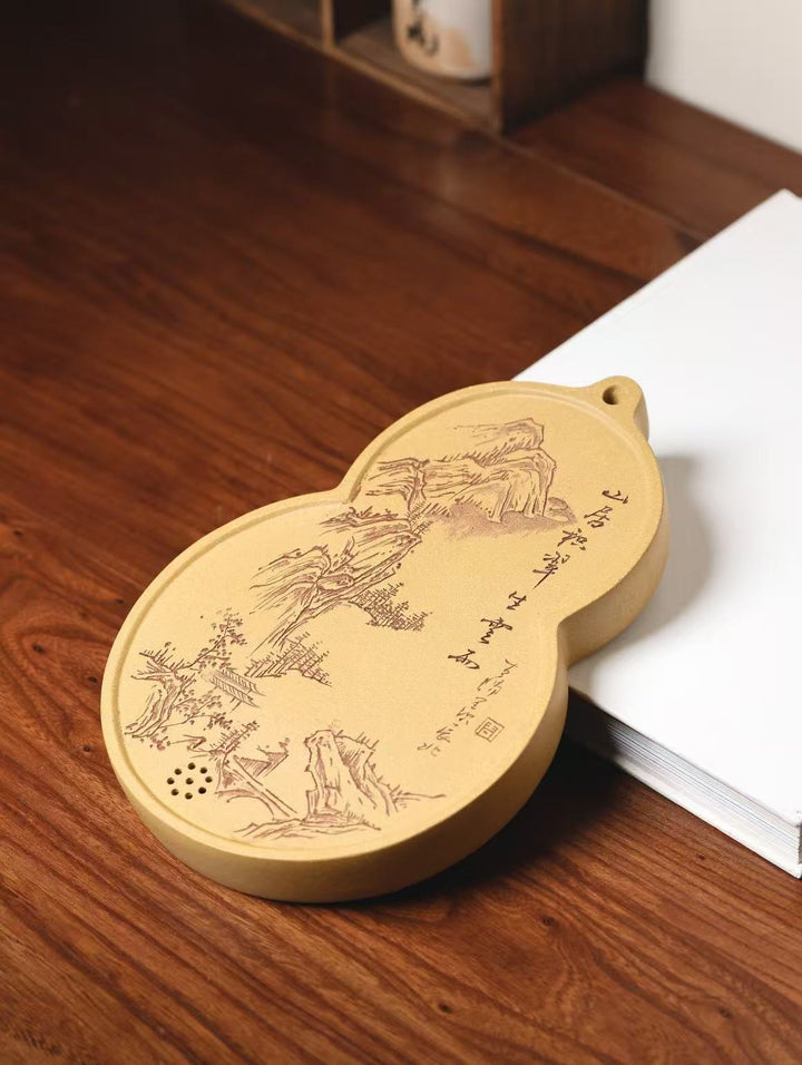 "Fuk Lu Gourd" | Handcrafted Yixing Zisha Draining Tea Tray | Zen Mountain Landscape Vessel Bearing