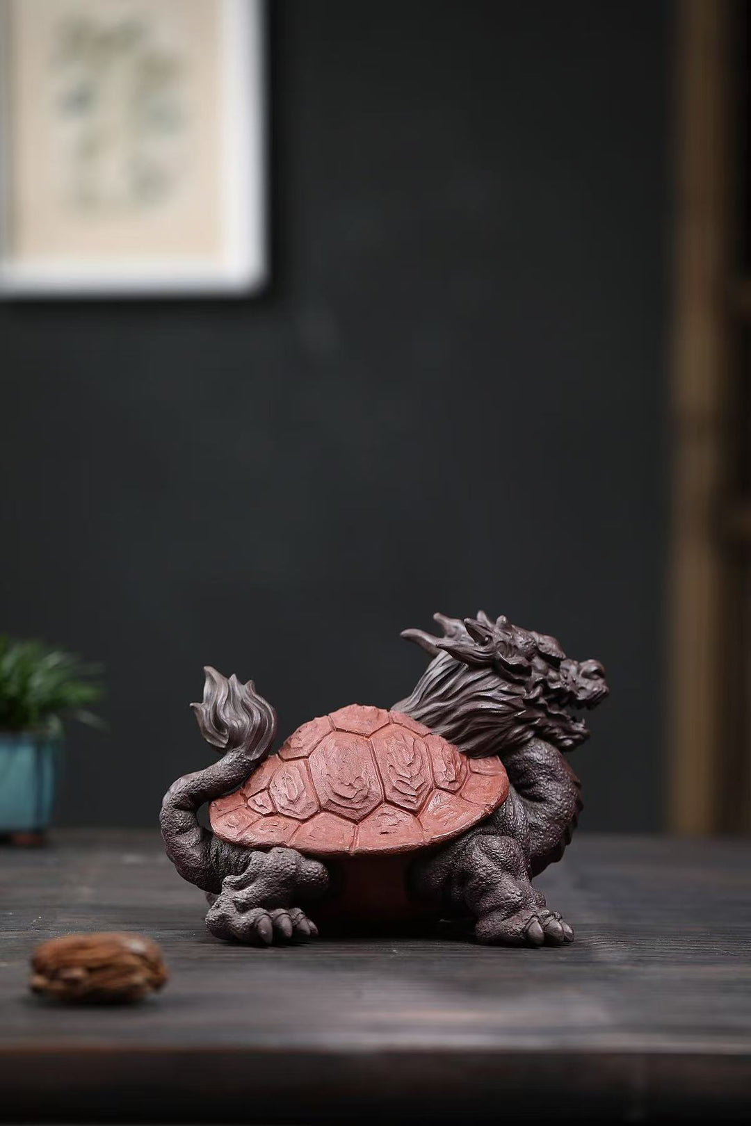 "Dragon Turtle" | Handcrafted Premium Old Purple Clay Sculpture | Auspicious Guardian of Success