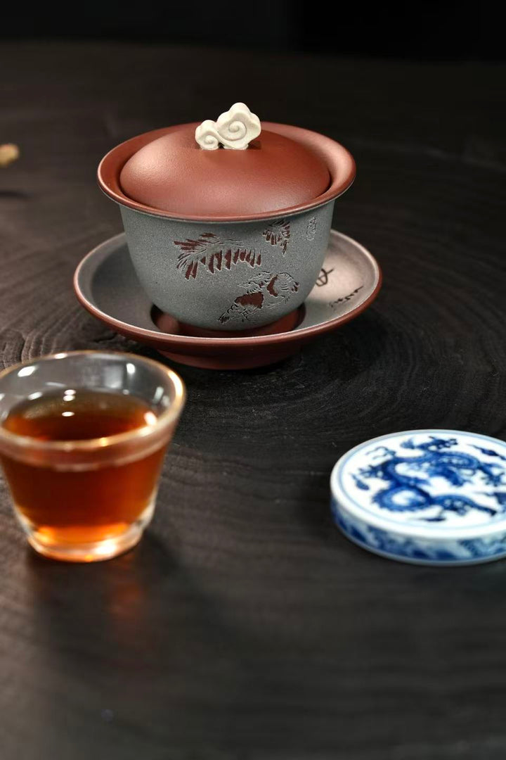 "Zen Ruyi" | Handcrafted Yixing Zisha Gaiwan | Premium Purple Clay Tea Bowl with Cloud Finial (200cc)