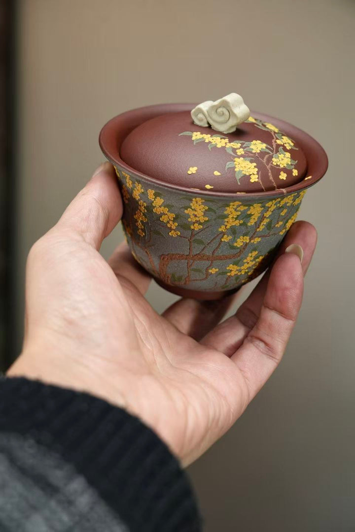 "Golden Laurel" Master Set | Handcrafted Yixing Zisha Gaiwan &amp; Cup | Premium Purple Clay Floral Art (Set of 2)