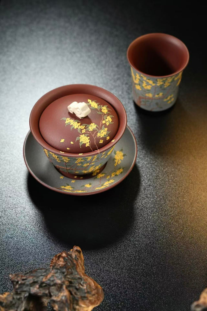 "Golden Laurel" Master Set | Handcrafted Yixing Zisha Gaiwan &amp; Cup | Premium Purple Clay Floral Art (Set of 2)