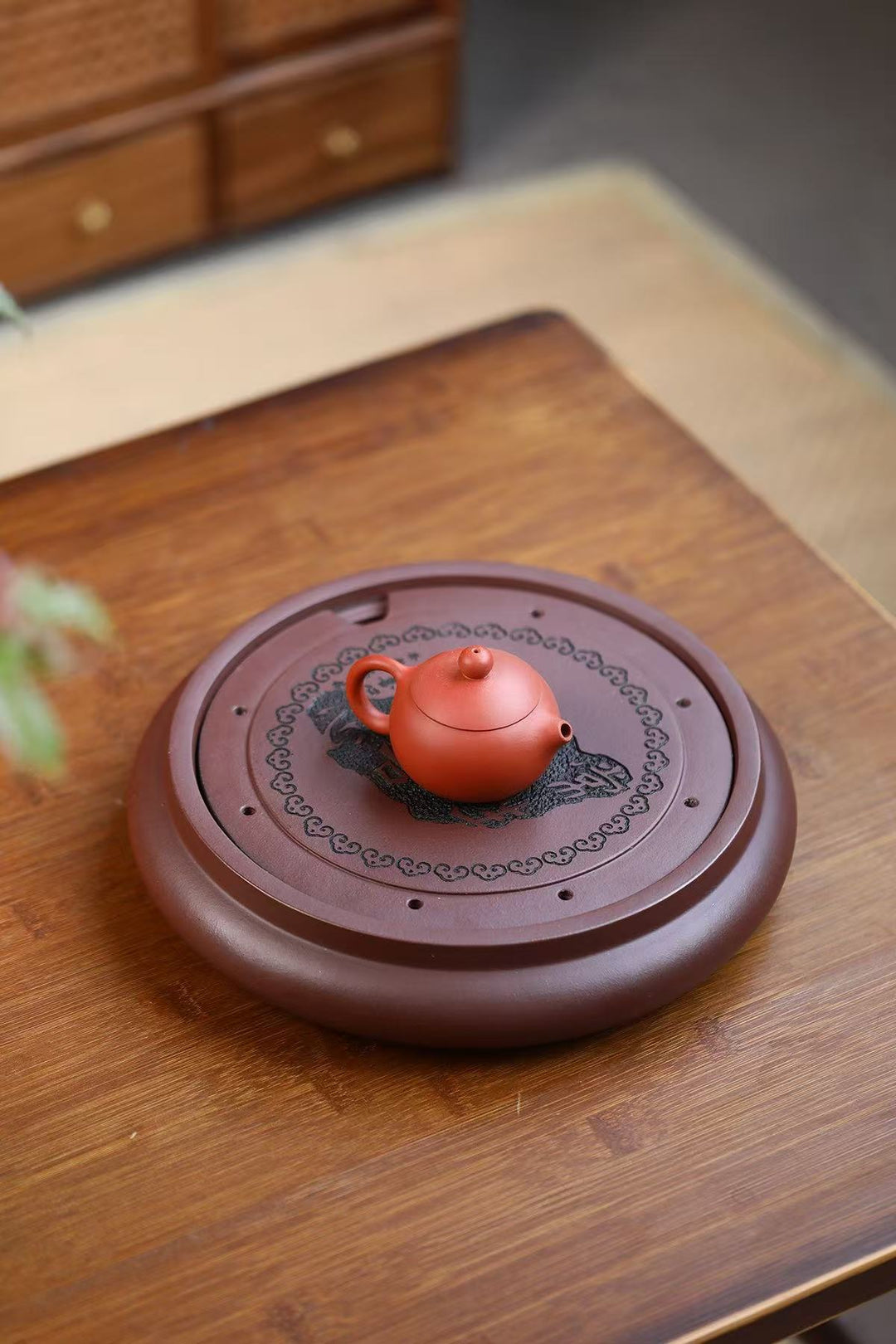 "Perpetual Happiness" | Handcrafted Yixing Purple Clay Dry Brew Tray | Zen Gongfu Tea Stage