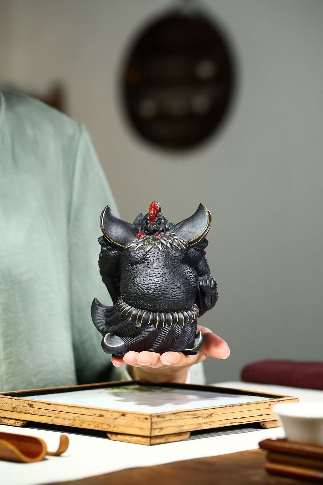 "Great Auspiciousness" | Handcrafted Premium Black Clay Rooster Figurine | Lucky Mascot Ornament