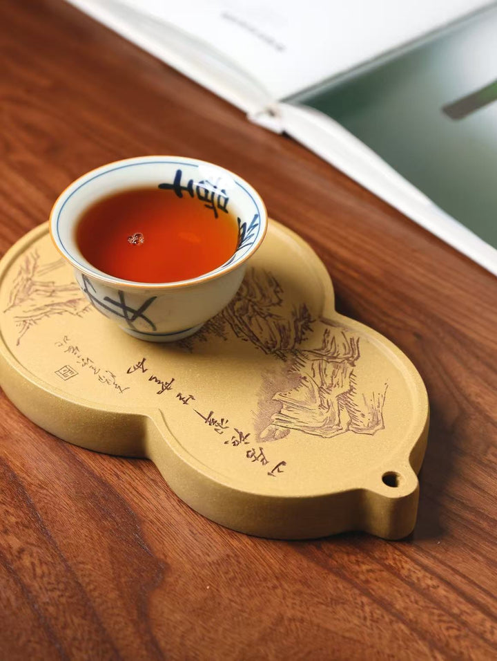 "Fuk Lu Gourd" | Handcrafted Yixing Zisha Draining Tea Tray | Zen Mountain Landscape Vessel Bearing