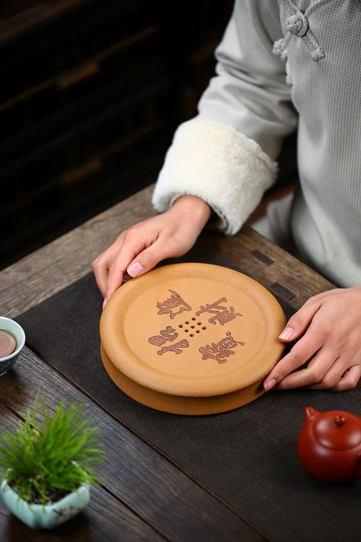 "Fortune &amp; Treasures" | Handcrafted Jiangpo Ni Clay Dry Brew Stage | Lucky Zen Tea Tray