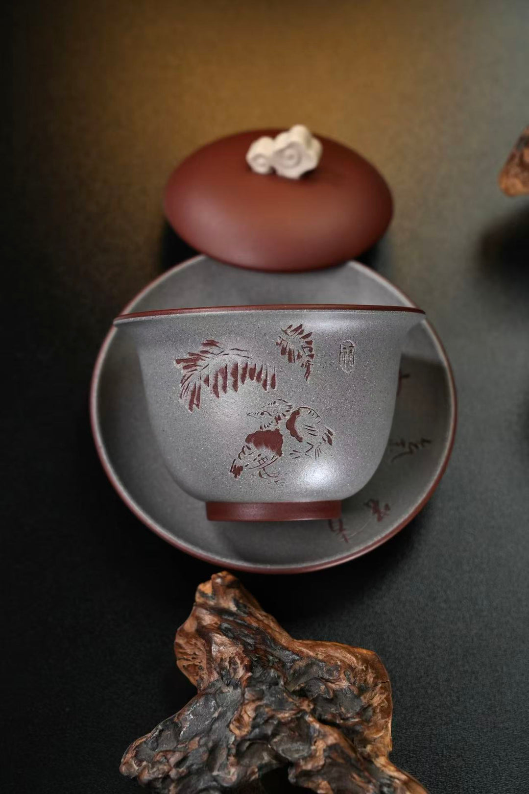 "Zen Ruyi" | Handcrafted Yixing Zisha Gaiwan | Premium Purple Clay Tea Bowl with Cloud Finial (200cc)