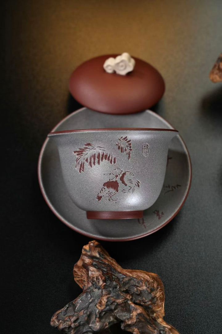 "Zen Ruyi" | Handcrafted Yixing Zisha Gaiwan | Premium Purple Clay Tea Bowl with Cloud Finial (200cc)