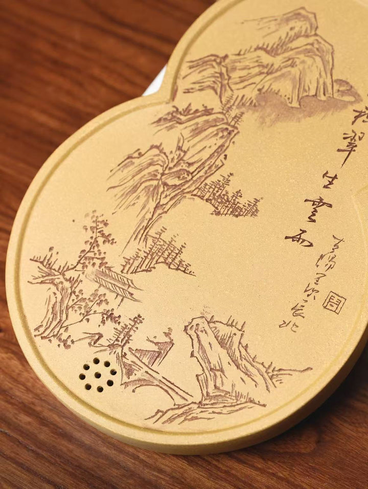 "Fuk Lu Gourd" | Handcrafted Yixing Zisha Draining Tea Tray | Zen Mountain Landscape Vessel Bearing