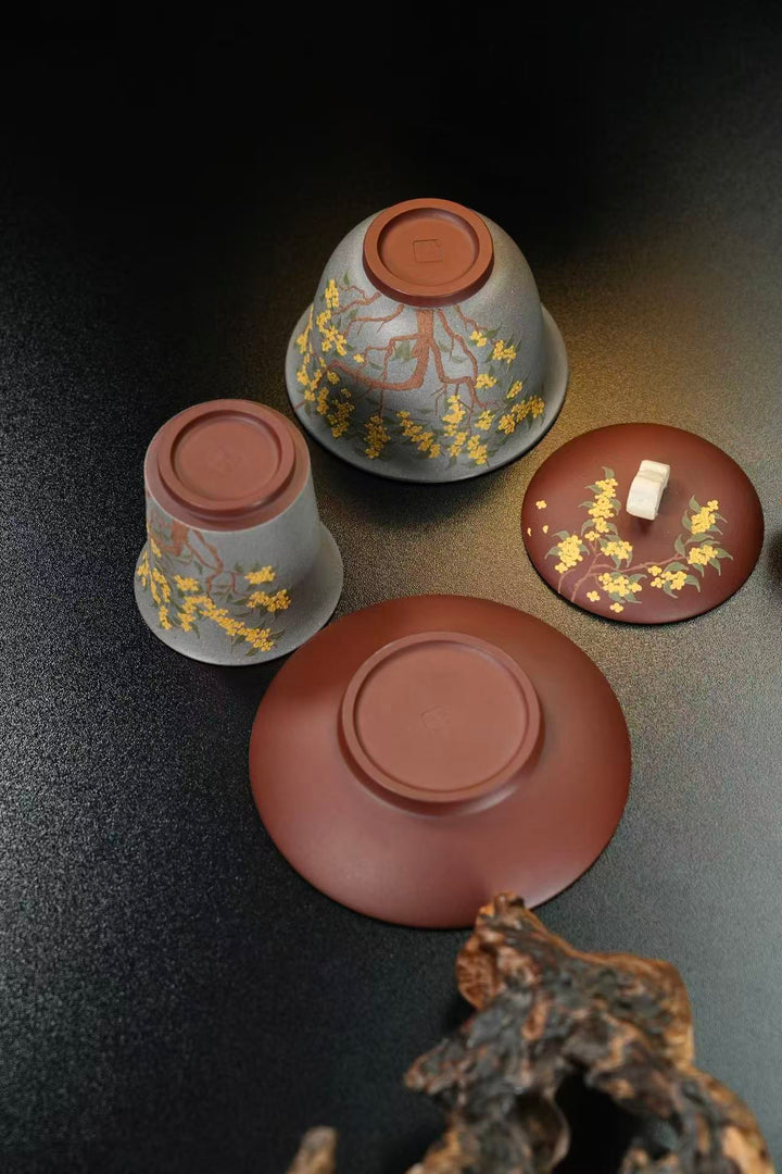 "Golden Laurel" Master Set | Handcrafted Yixing Zisha Gaiwan &amp; Cup | Premium Purple Clay Floral Art (Set of 2)