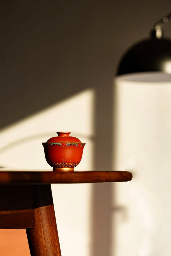 "Jingyuan Mini Ingot" | Handcrafted Enamel Art Yixing Zisha Gaiwan | Auspicious Wealth Symbol (100cc)