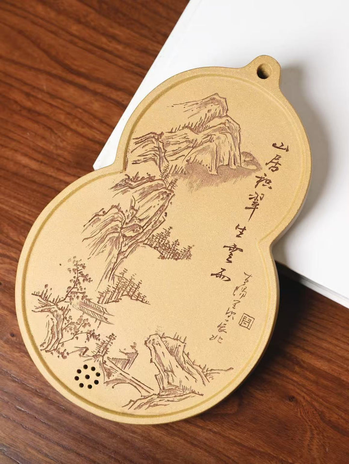 "Fuk Lu Gourd" | Handcrafted Yixing Zisha Draining Tea Tray | Zen Mountain Landscape Vessel Bearing