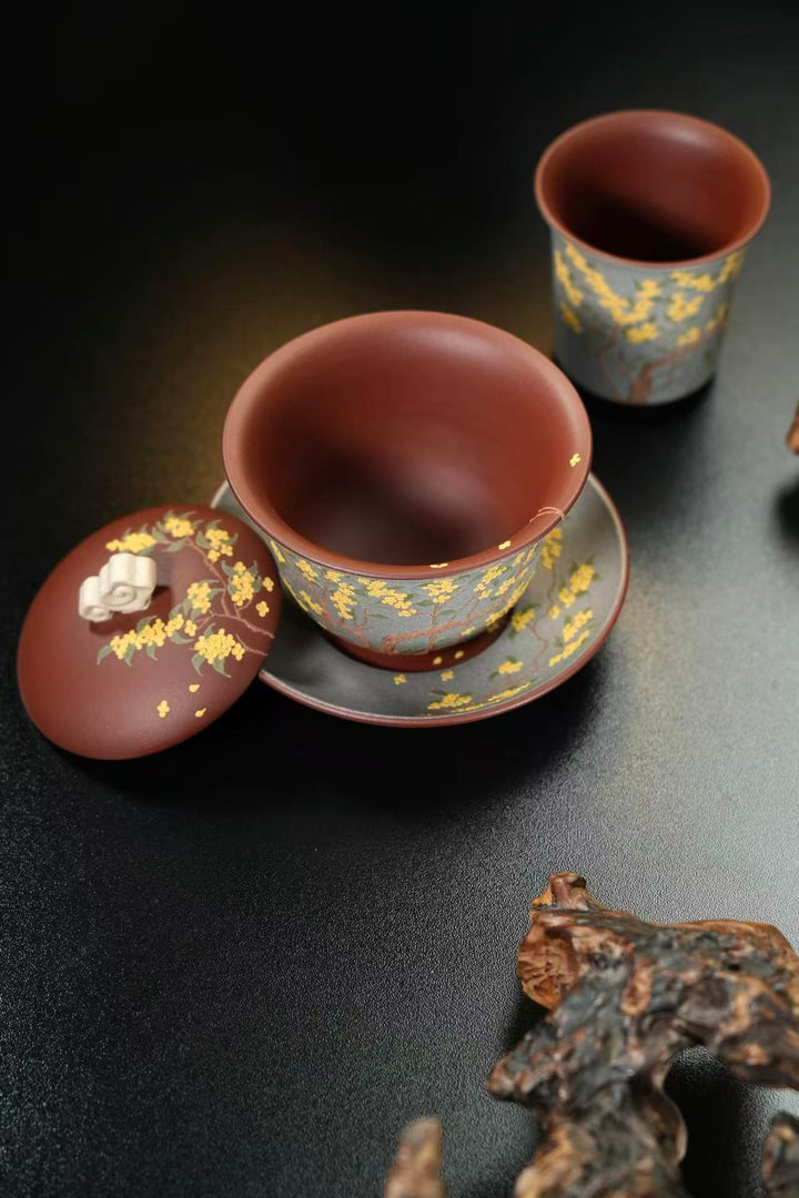 "Golden Laurel" Master Set | Handcrafted Yixing Zisha Gaiwan &amp; Cup | Premium Purple Clay Floral Art (Set of 2)