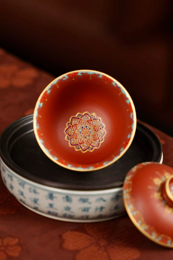 "Jingyuan Mini Ingot" | Handcrafted Enamel Art Yixing Zisha Gaiwan | Auspicious Wealth Symbol (100cc)