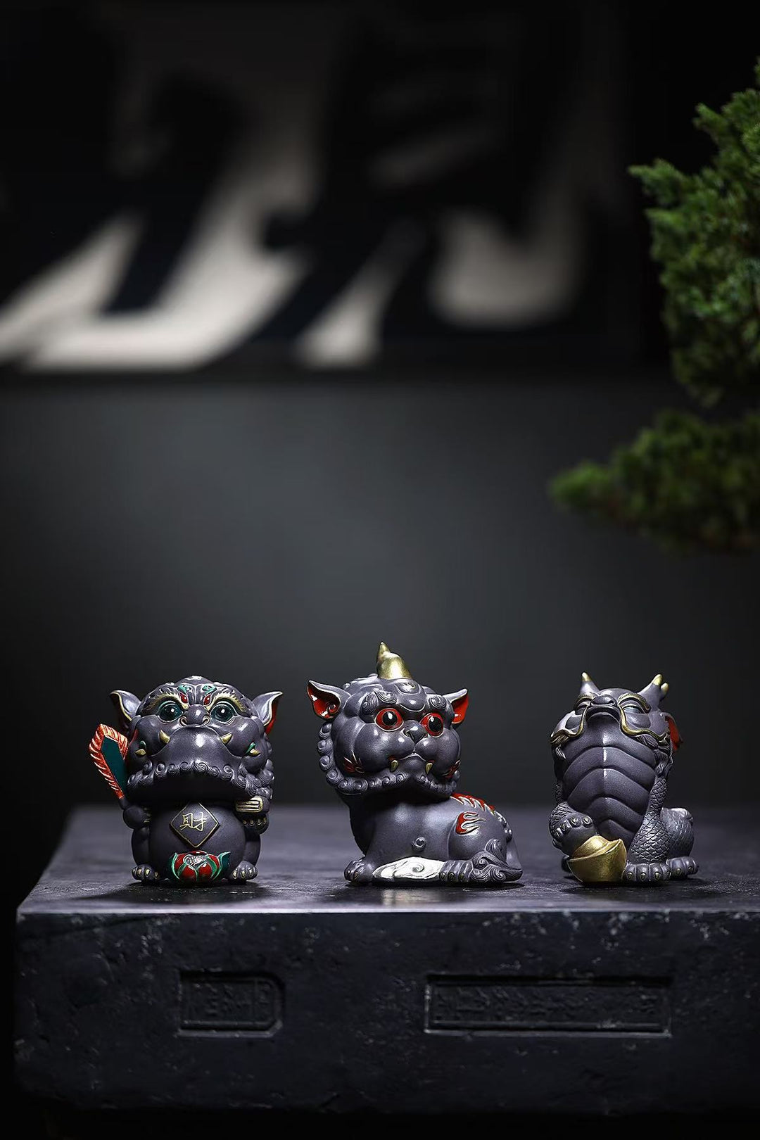 "Auspicious Trio" | Gray Zisha Mythical Beast Set (3 Pieces)