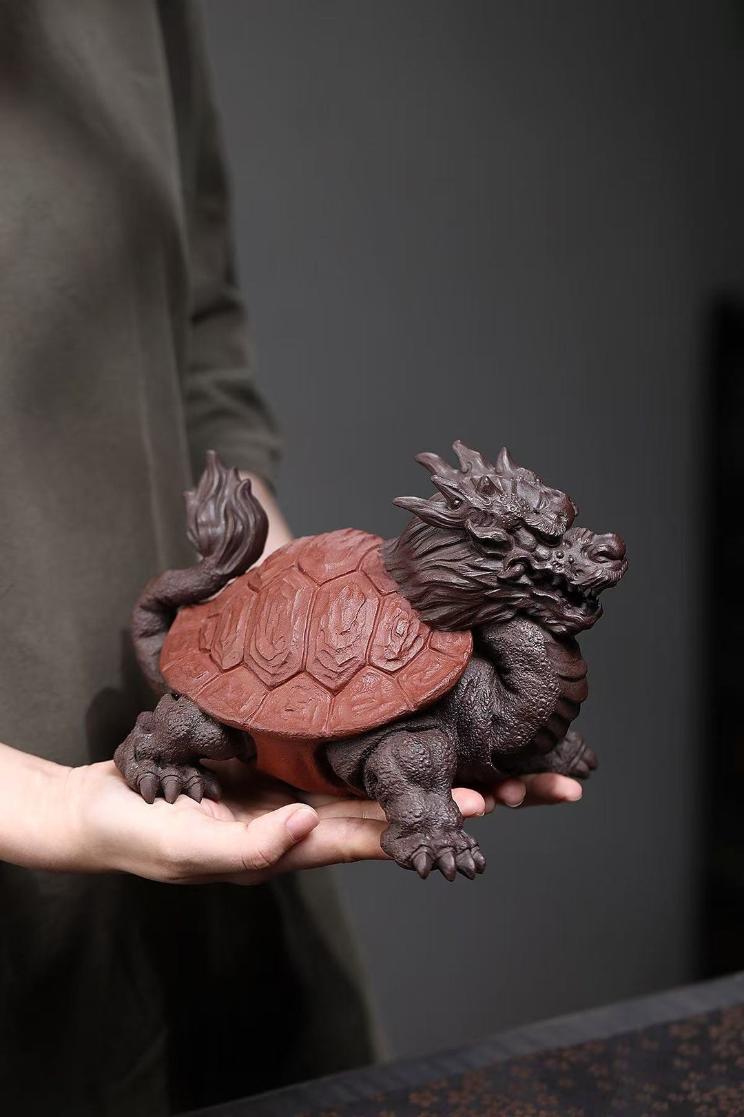 "Dragon Turtle" | Handcrafted Premium Old Purple Clay Sculpture | Auspicious Guardian of Success