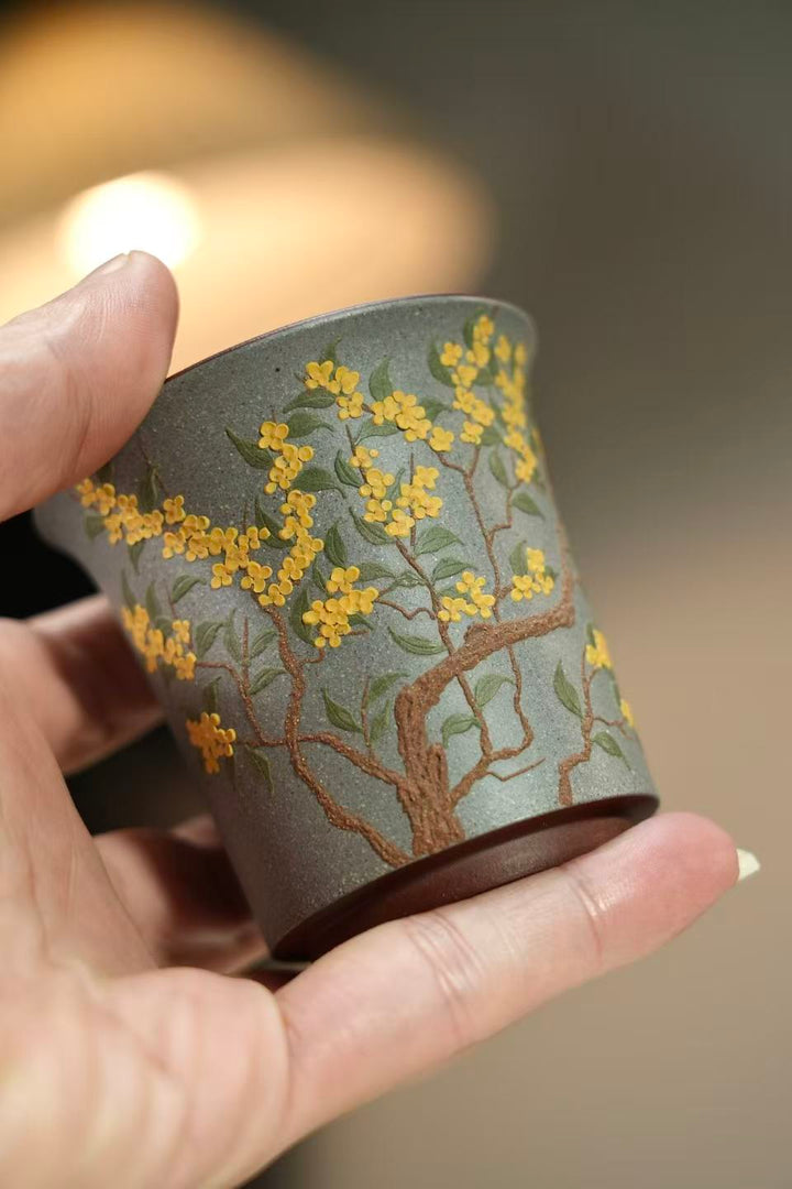 "Golden Laurel" Master Set | Handcrafted Yixing Zisha Gaiwan &amp; Cup | Premium Purple Clay Floral Art (Set of 2)