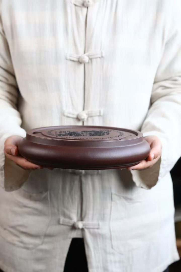 "Perpetual Happiness" | Handcrafted Yixing Purple Clay Dry Brew Tray | Zen Gongfu Tea Stage