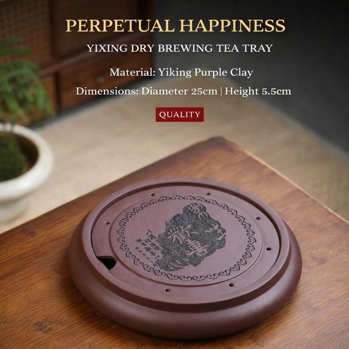 "Perpetual Happiness" | Handcrafted Yixing Purple Clay Dry Brew Tray | Zen Gongfu Tea Stage