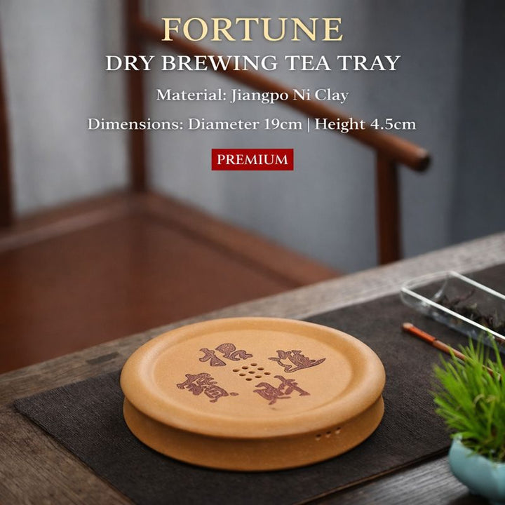 "Fortune &amp; Treasures" | Handcrafted Jiangpo Ni Clay Dry Brew Stage | Lucky Zen Tea Tray