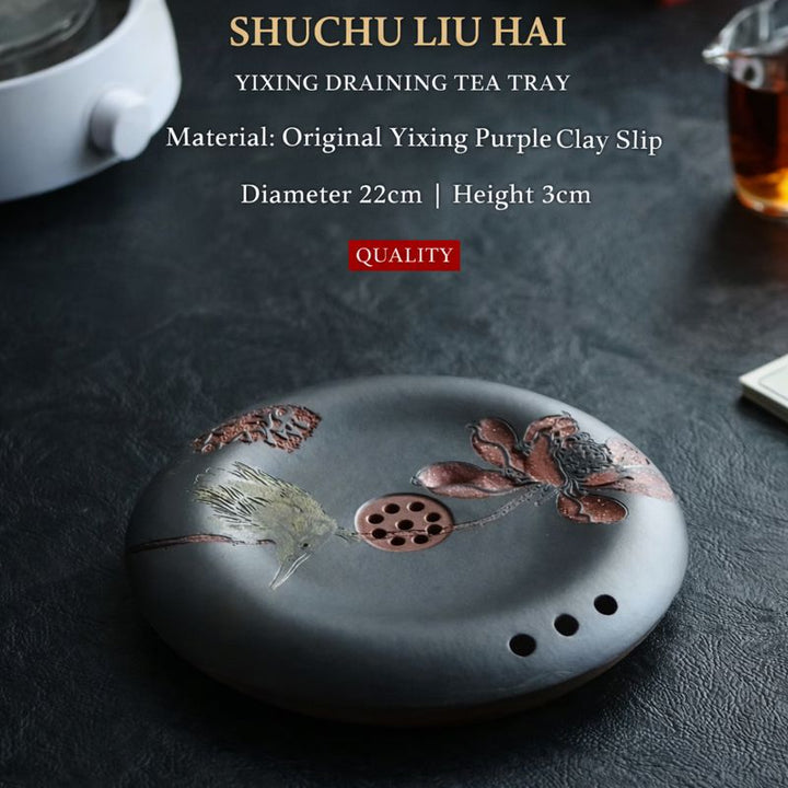 "Lotus Zen" Masterpiece | Handcrafted Yixing Purple Clay Draining Tea Tray | Premium Gongfu Tea Vessel Bearing