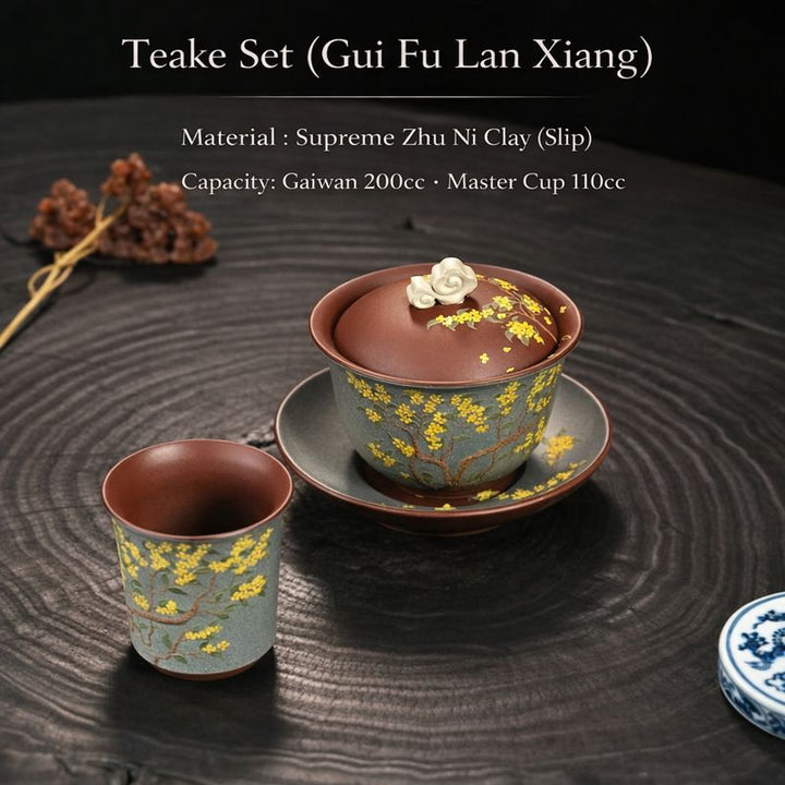 "Golden Laurel" Master Set | Handcrafted Yixing Zisha Gaiwan &amp; Cup | Premium Purple Clay Floral Art (Set of 2)