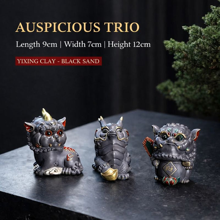 "Auspicious Trio" | Gray Zisha Mythical Beast Set (3 Pieces)