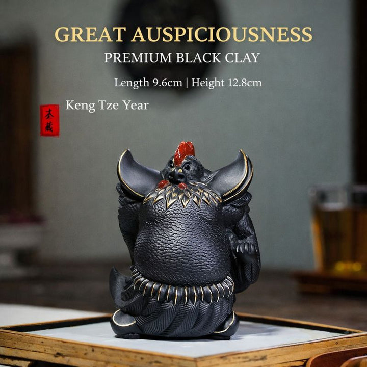 "Great Auspiciousness" | Handcrafted Premium Black Clay Rooster Figurine | Lucky Mascot Ornament