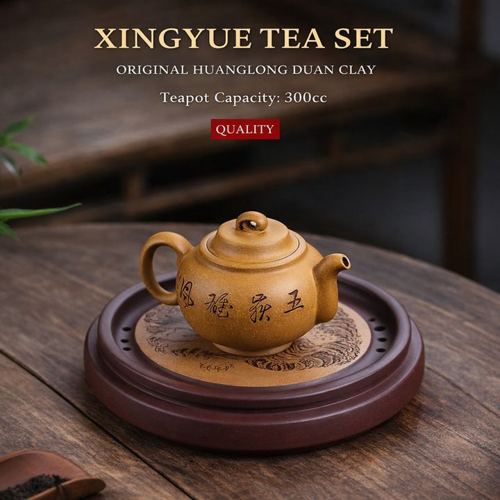 "Xingyue" Master Tea Set | Handcrafted Golden Duan Clay Teapot &amp; Tray | Signed by Master Zhou Lihua