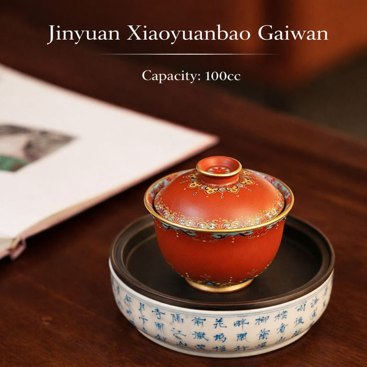 "Jingyuan Mini Ingot" | Handcrafted Enamel Art Yixing Zisha Gaiwan | Auspicious Wealth Symbol (100cc)