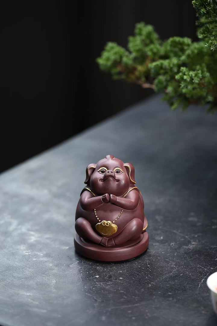 "Tianpeng Yuan Shu" | Handcrafted Aged Purple Clay Zen Pig Figurine | Premium Yixing Zisha Tea Pet