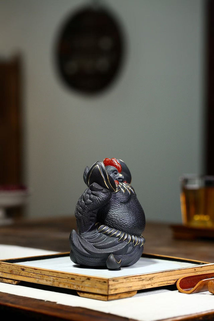 "Great Auspiciousness" | Handcrafted Premium Black Clay Rooster Figurine | Lucky Mascot Ornament