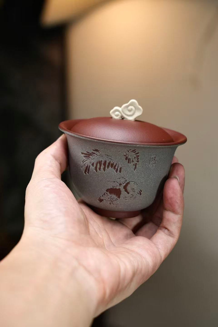 "Zen Ruyi" | Handcrafted Yixing Zisha Gaiwan | Premium Purple Clay Tea Bowl with Cloud Finial (200cc)