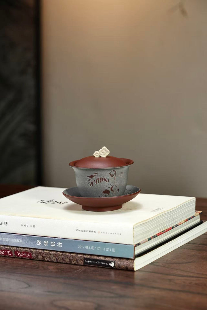 "Zen Ruyi" | Handcrafted Yixing Zisha Gaiwan | Premium Purple Clay Tea Bowl with Cloud Finial (200cc)
