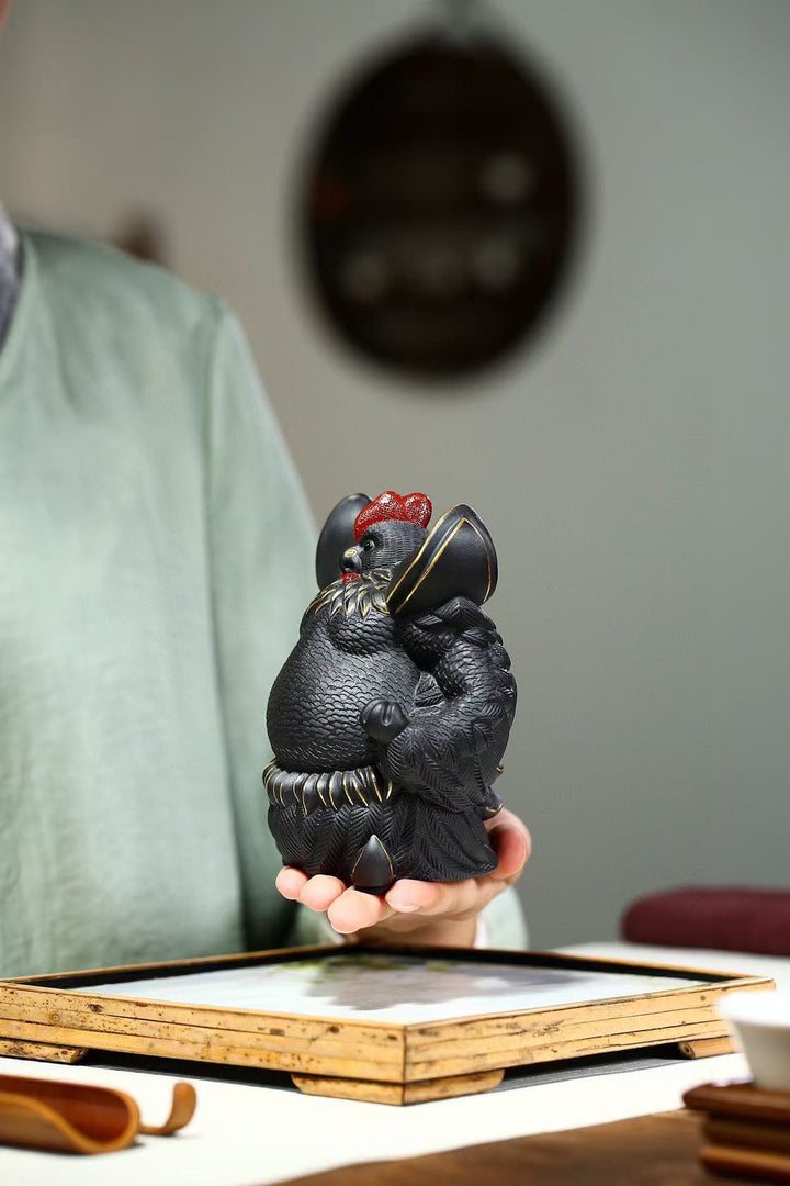 "Great Auspiciousness" | Handcrafted Premium Black Clay Rooster Figurine | Lucky Mascot Ornament