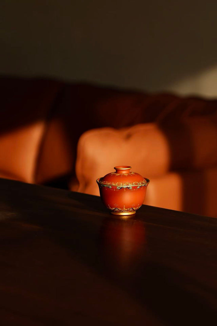 "Jingyuan Mini Ingot" | Handcrafted Enamel Art Yixing Zisha Gaiwan | Auspicious Wealth Symbol (100cc)