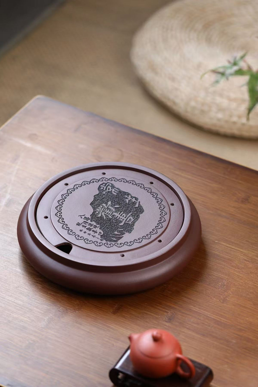 "Perpetual Happiness" | Handcrafted Yixing Purple Clay Dry Brew Tray | Zen Gongfu Tea Stage